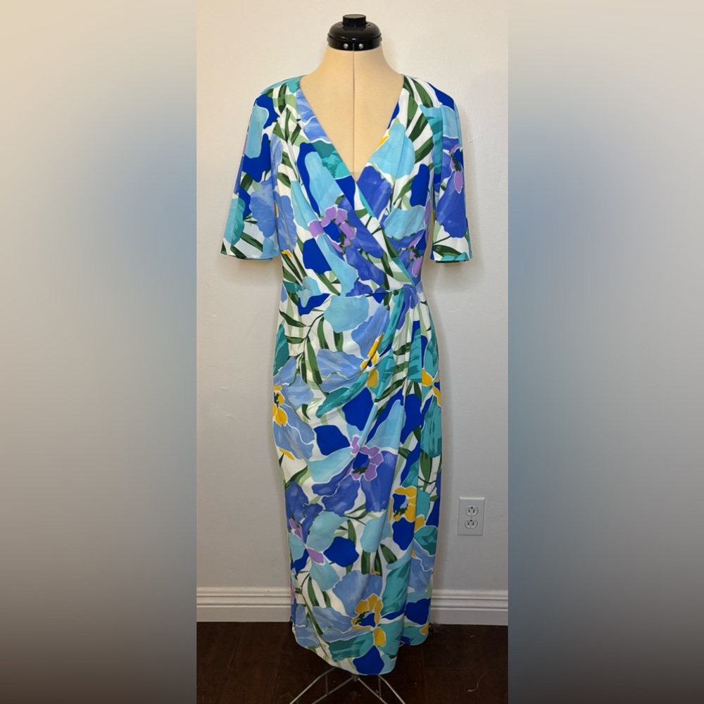 Maggy London Malina Faux Wrap Midi Dress, Multicolor Floral Flutter Sleeve, 10
